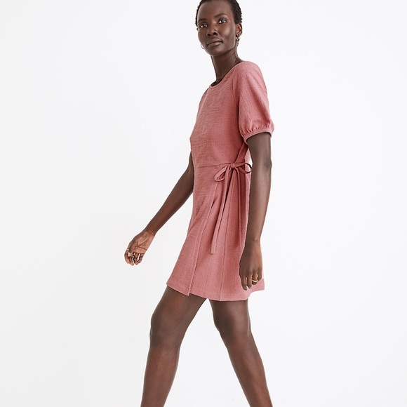Madewell Crosshatch Puff-Sleeve Faux-Wrap Mini Dress, Berry, Size M, NWT - Picture 2 of 7